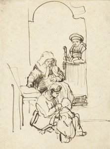 Tres mujeres y un niño junto a una puerta, c.1645 de Rembrandt van Rijn